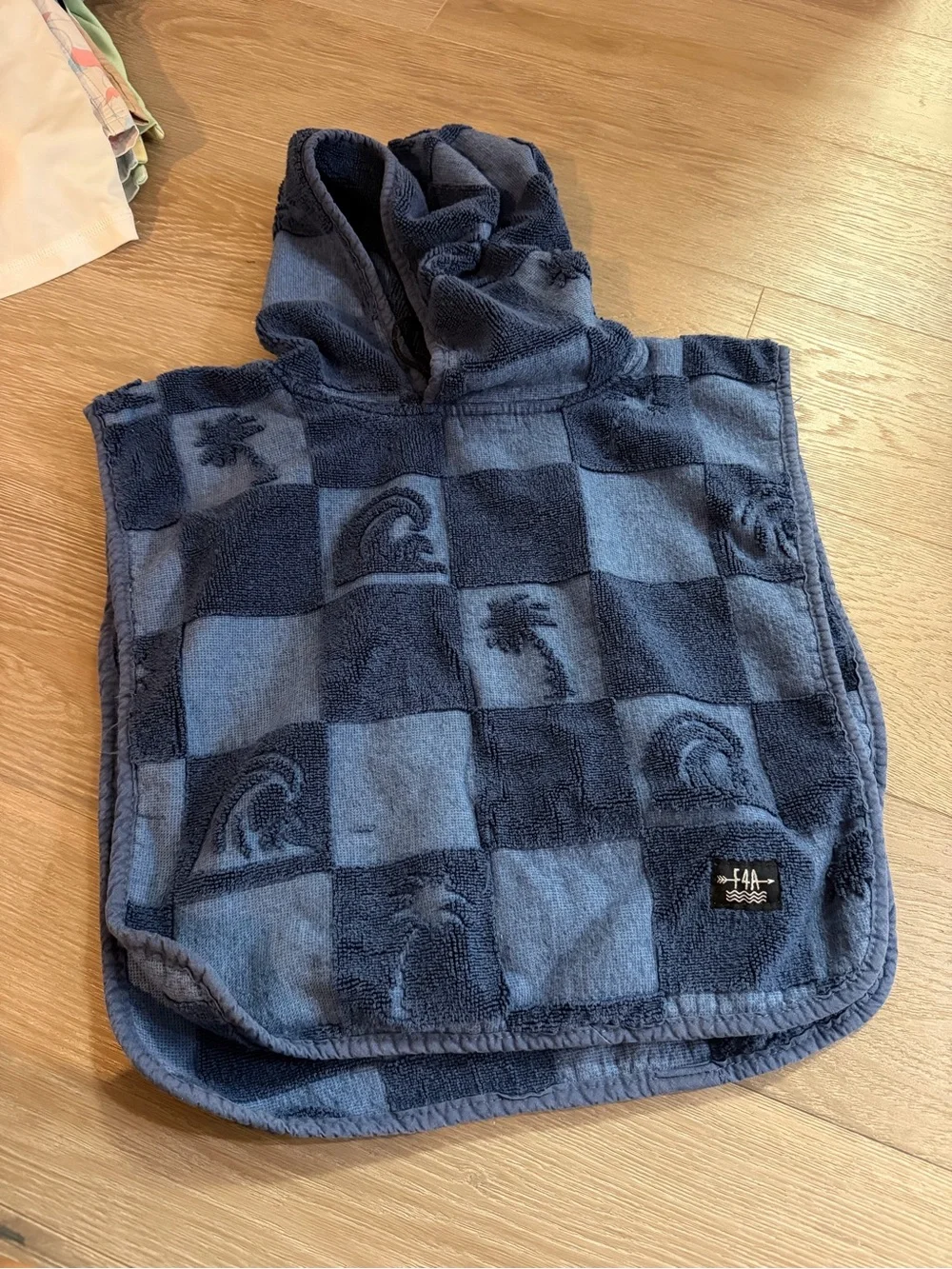 Navy Check Hooded Beach Poncho with Wave & Palm Motifs